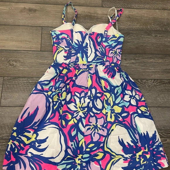 LILLY PULITZER DRESS BRIGHT PINK BLUE FLORAL WOMENS SZ 0 STRAPS RUCHED SUNDRESS - Picture 8 of 10